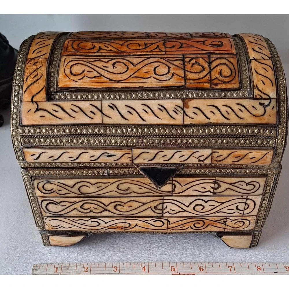 Antique Moroccan Camel Bone with Brass & Copper Inlay Dowry Chest